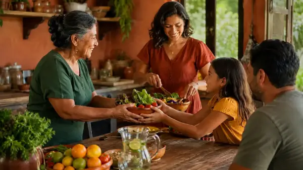 Abuela, nieta y padres jóvenes en una cocina luminosa interactuando alegremente mientras cortan vegetales frescos para una ensalada colorida y saludable. Como muestra de seguir patrones saludables.