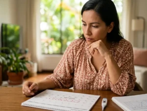 Una mujer joven en Guayaquil, Ecuador, consulta un calendario markedo y un termómetro basal para identificar sus días fértiles y ovulación.