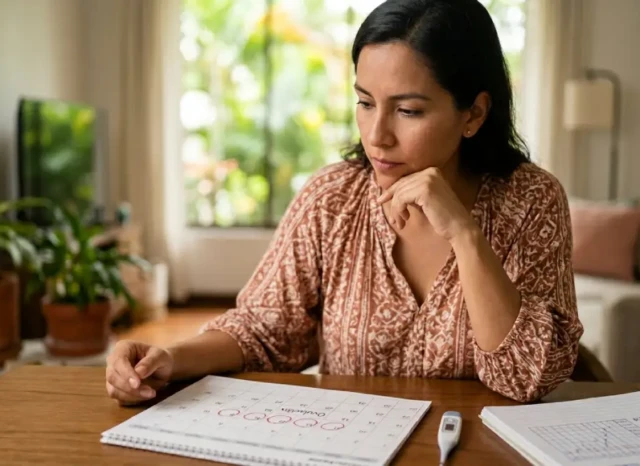 Una mujer joven en Guayaquil, Ecuador, consulta un calendario markedo y un termómetro basal para identificar sus días fértiles y ovulación.