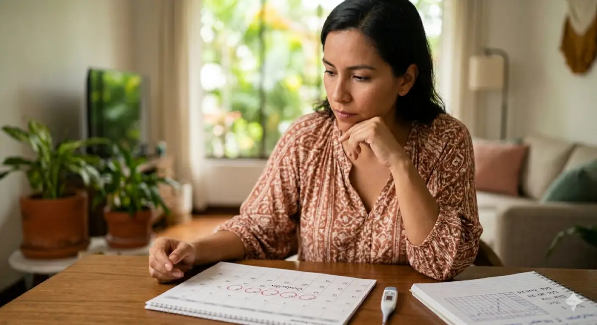 Una mujer joven en Guayaquil, Ecuador, consulta un calendario markedo y un termómetro basal para identificar sus días fértiles y ovulación.