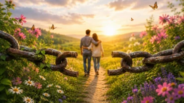 Pareja caminando hacia un paisaje iluminado mientras una cadena rota simboliza romper patrones familiares que afectan la salud y el bienestar