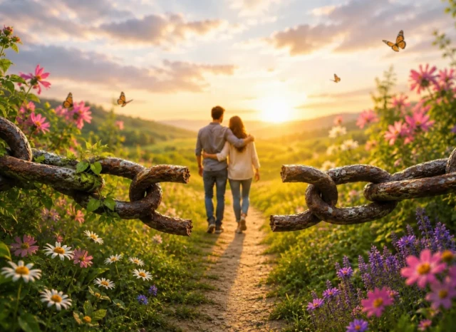 Pareja caminando hacia un paisaje iluminado mientras una cadena rota simboliza romper patrones familiares que afectan la salud y el bienestar