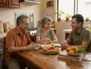 Una familia conversa en la cocina sobre cómo fomentar hábitos saludables en adultos