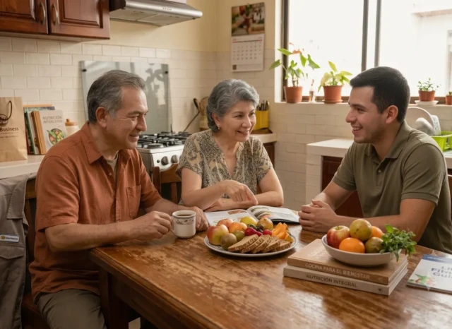 Una familia conversa en la cocina sobre cómo fomentar hábitos saludables en adultos