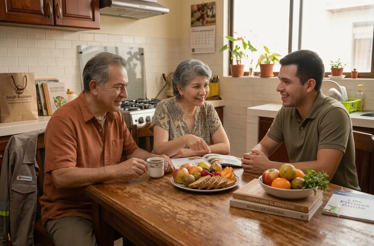 Una familia conversa en la cocina sobre cómo fomentar hábitos saludables en adultos